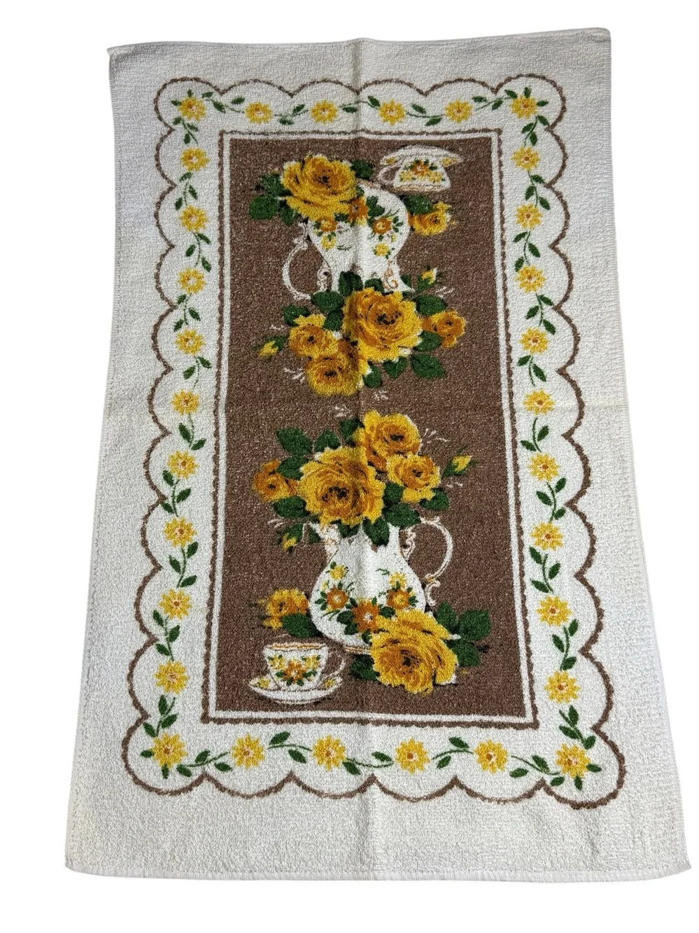 Vintage Sayco Hand Towel Yellow Brown Flowers Print Kitchen Towel Dainty Feminin